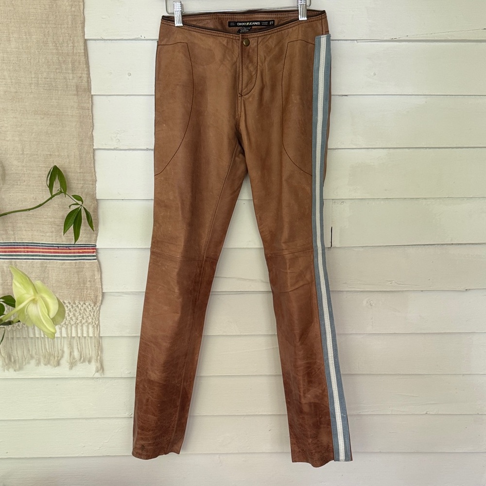 DKNY Brown Leather Pants with Side Stripe